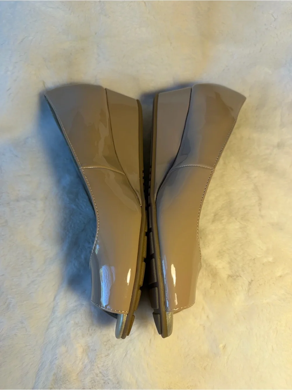 Bandolino Taupe Patent Peep-Toe Wedge Pumps - Size 7.5